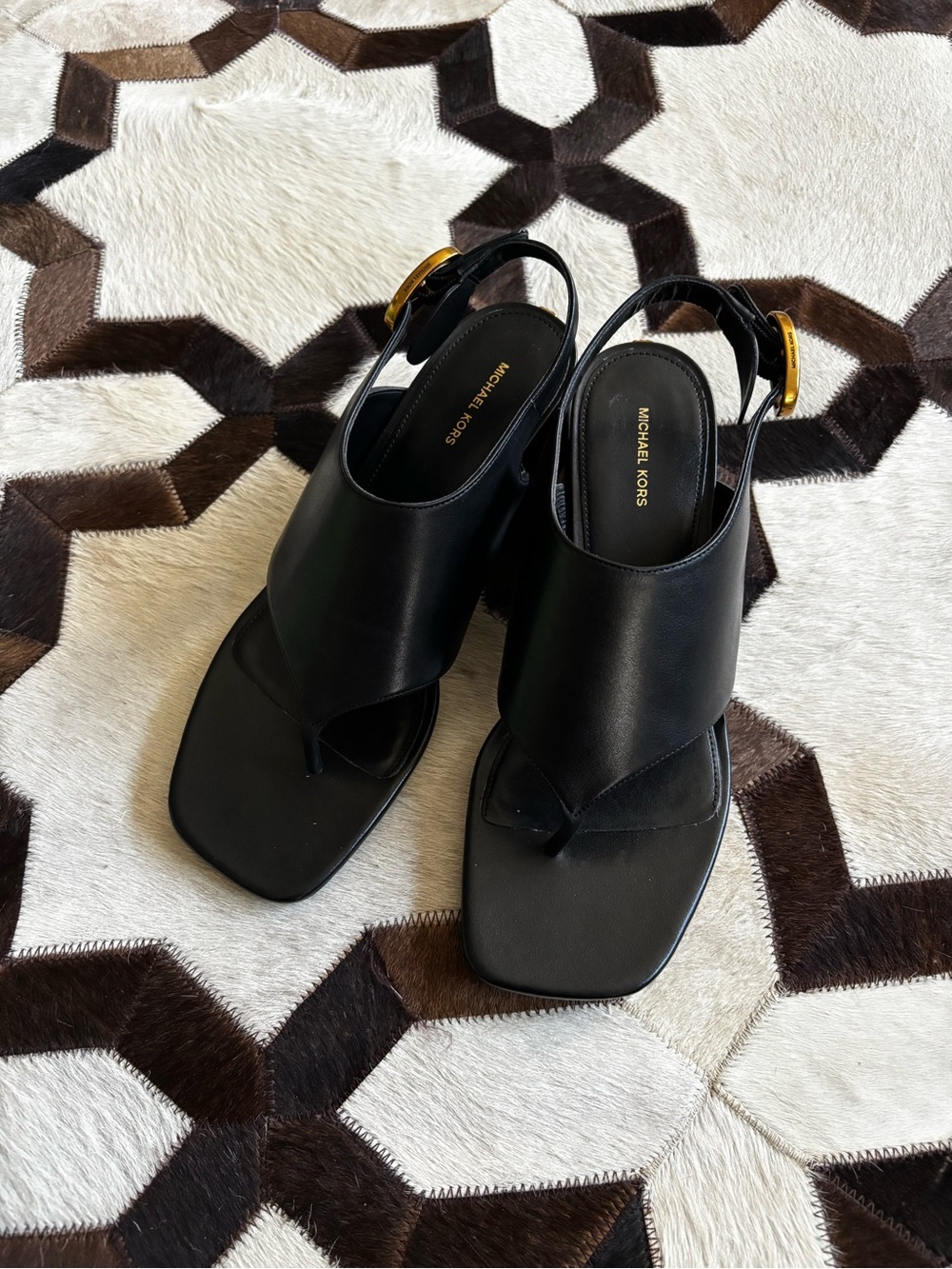 💫 Michael Kors NWOB. Black Leather Square-Toe Slingback Sandals with Gold Buckle